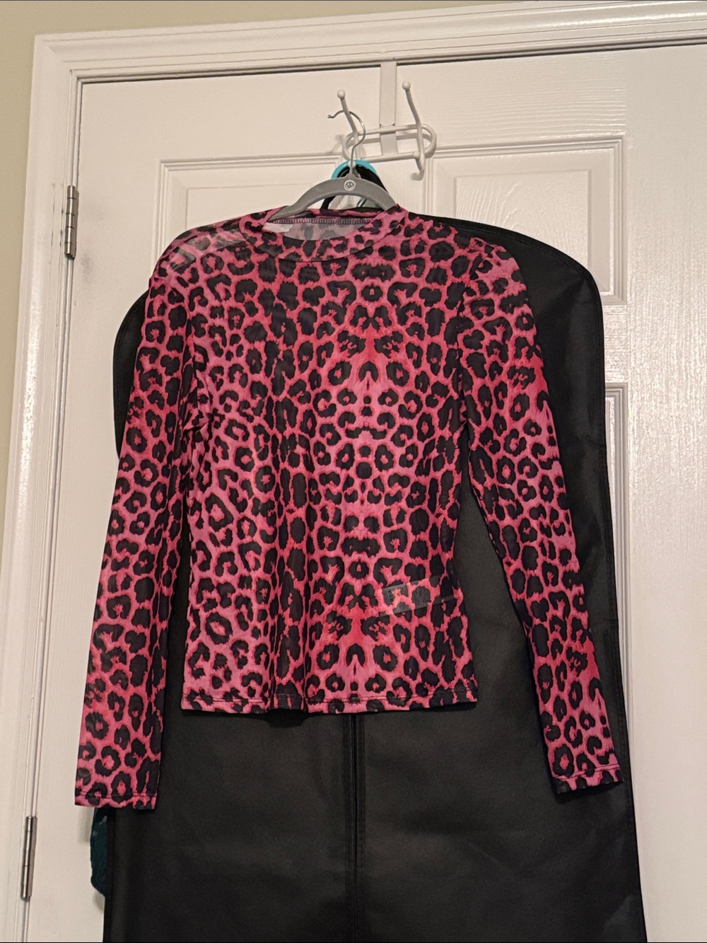 Pink Leopard Print Long-Sleeve Mesh Top